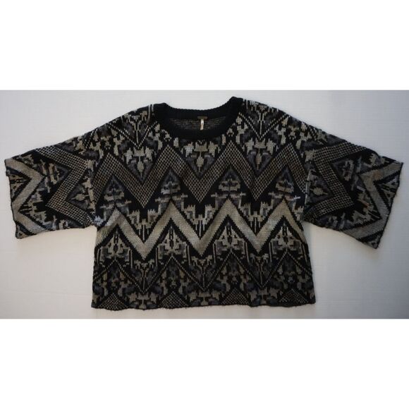 Free People Women Sz M Black Faeri Superstar Geometric Boxy Cropped Sweater - Picture 7 of 9